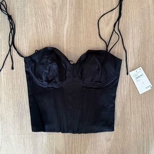 Good American Black Satin Bustier Crop Top